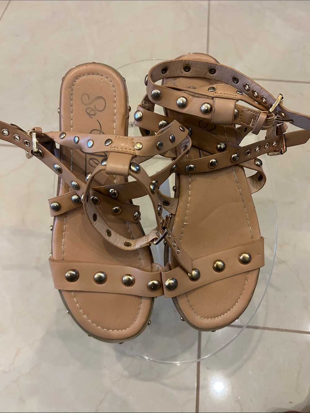 So Me Studded Tan Gladiator Sandals